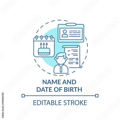 Name and date of birth concept icon. Disability insurance claim information. Private information about worker idea thin line illustration. Vector isolated outline RGB color drawing. Editable stroke