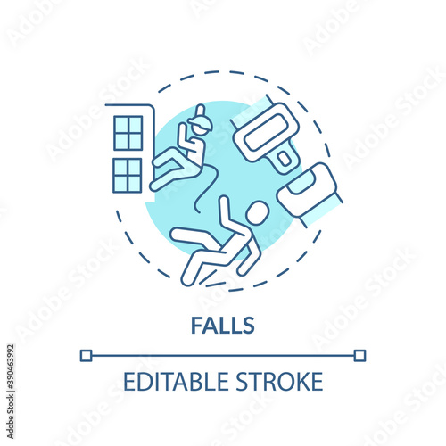 Falls concept icon. Work related injuries. Dangerous working locations. Body injury risk. High places jobs idea thin line illustration. Vector isolated outline RGB color drawing. Editable stroke