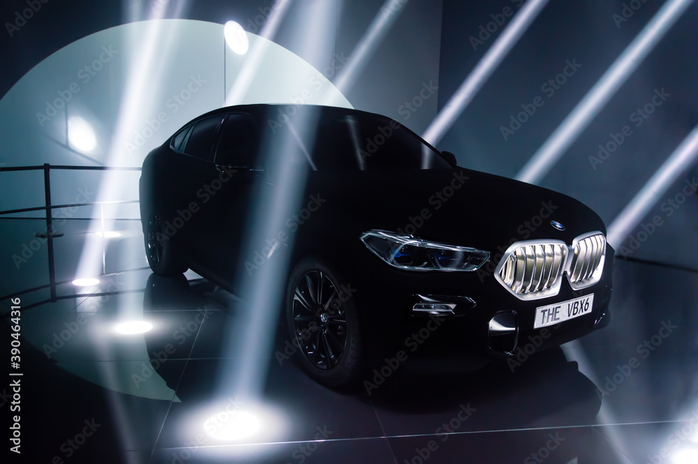 FRANKFURT SEP 15, 2019 unique black BMW X6 Vantablack in light rays