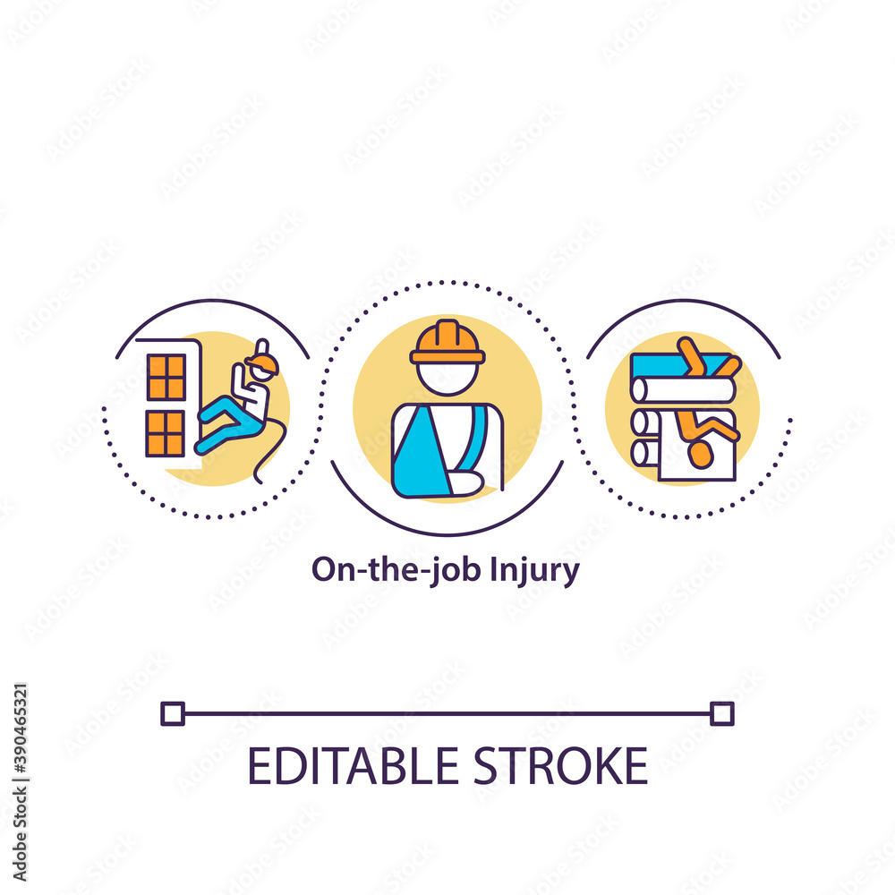 On-the-job injury concept icon. Work-related illness. Protection income. Workers compensation idea thin line illustration. Vector isolated outline RGB color drawing. Editable stroke.
