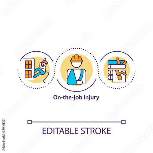On-the-job injury concept icon. Work-related illness. Protection income. Workers compensation idea thin line illustration. Vector isolated outline RGB color drawing. Editable stroke.