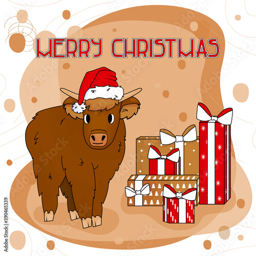 Cute Cartoon ox high land cow is standing on the ground on pink and brown background with new year gifts and Merry Christmas text