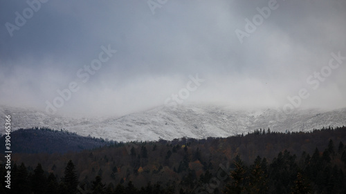 Mist, sleet and snow on Romanian mountains during a cold November day.