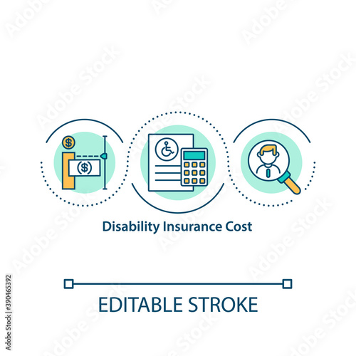 Disability insurance cost concept icon. Short and long term coverage. Calculate monthly premiums idea thin line illustration. Vector isolated outline RGB color drawing. Editable stroke.