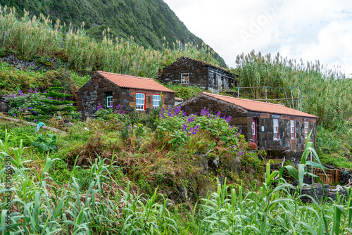 Azores  Island of Sao Jorge  traditional lava stone houses in the Faja of Belo.  Faja do Belo 