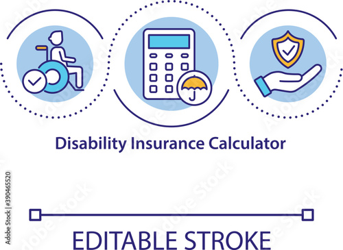 Disability insurance calculator concept icon. Financial needs. Income protection idea thin line illustration. Vector isolated outline RGB color drawing. Editable stroke.