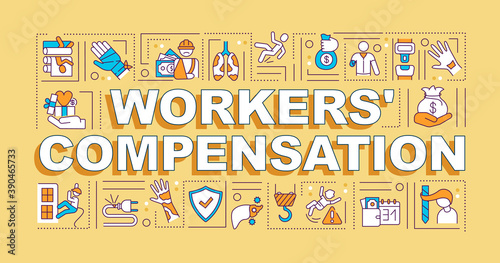Workers compensation word concepts banner. On-the-job injury. Infographics with linear icons on orange background. Isolated typography. Vector outline RGB color illustration