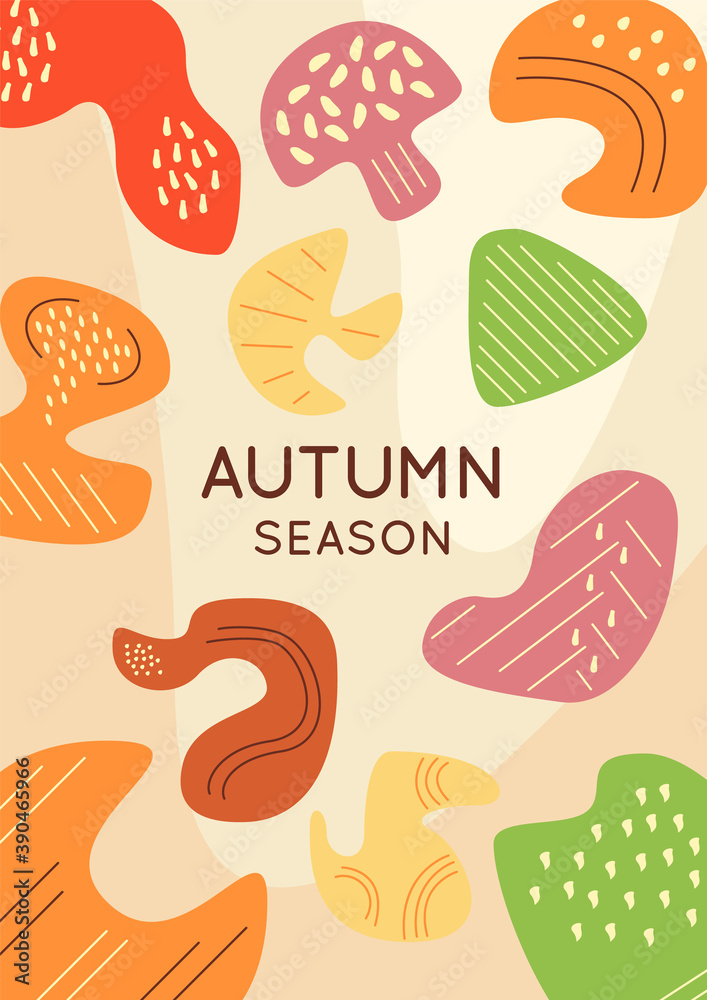 Fall season abstract poster template. Dried forest mushrooms. Commercial flyer design with flat illustration. Vector cartoon promo card with organic shapes. Autumn harvest advertising invitation