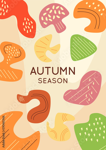 Fall season abstract poster template. Dried forest mushrooms. Commercial flyer design with flat illustration. Vector cartoon promo card with organic shapes. Autumn harvest advertising invitation