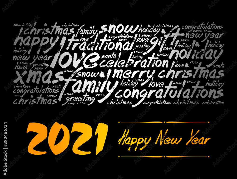 2021 Happy New Year. Christmas background word cloud, holidays lettering collage