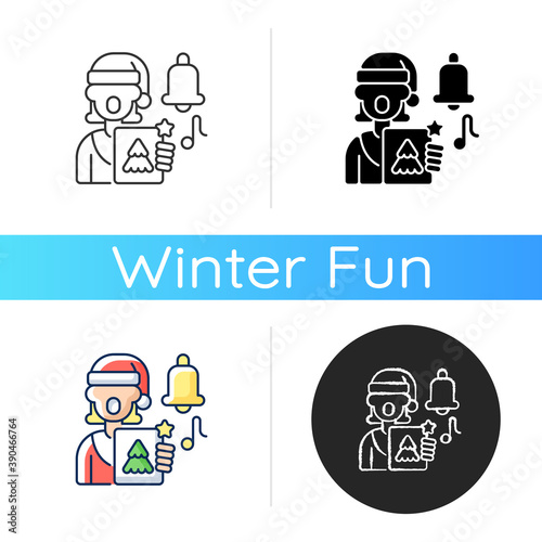Singing carols icon. Festive song. Christmas celebration. New Year performance. Winter season holiday concert. Religious tradition. Linear black and RGB color styles. Isolated vector illustrations