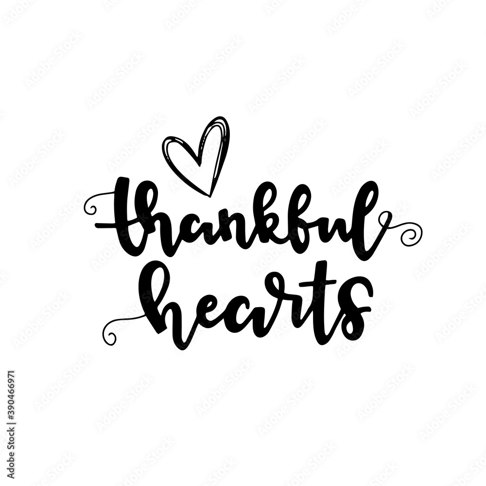 Thankful hearts. Happy thanksgiving brush hand lettering. Hand drawn Thanksgiving quote lettering. Can be used for holiday design.