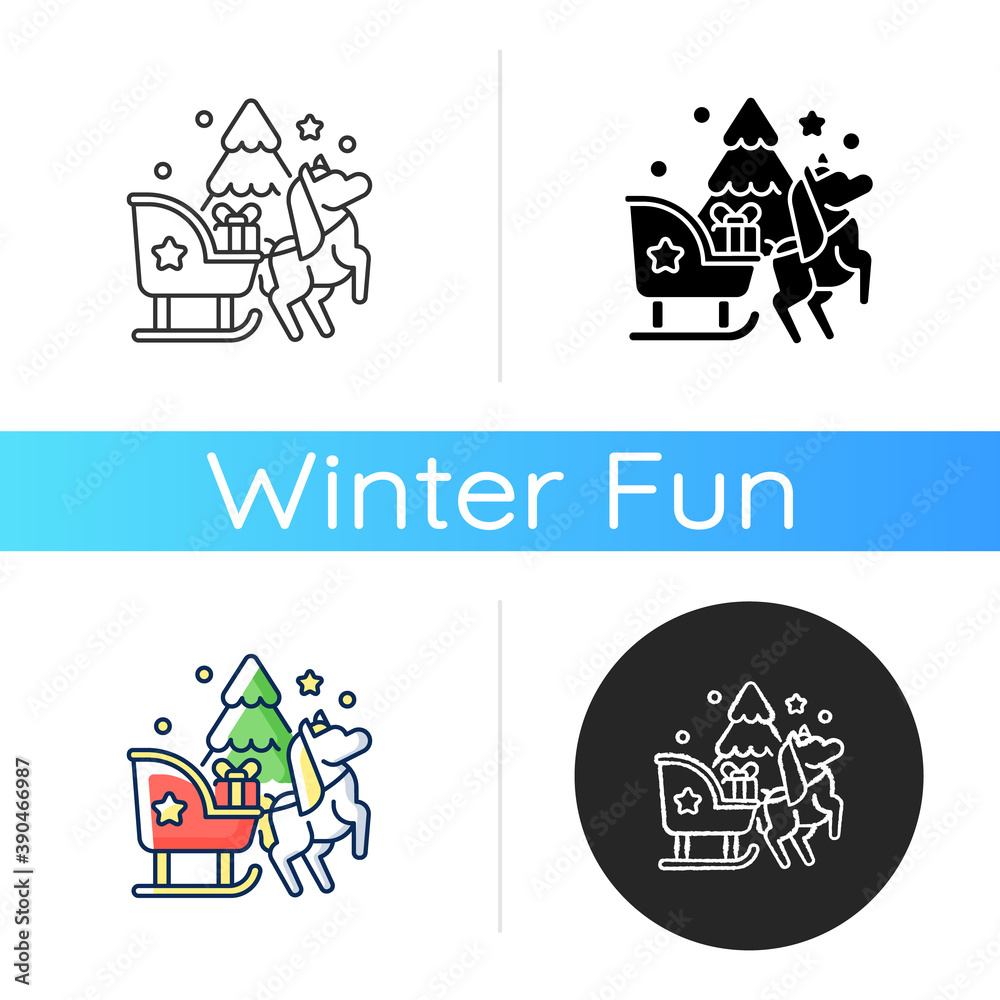 Sleight ride icon. Sleigh drive. Santa Claus vehicle. Reindeer in harness. Christmas tree. Holiday season activity. Linear black and RGB color styles. Isolated vector illustrations