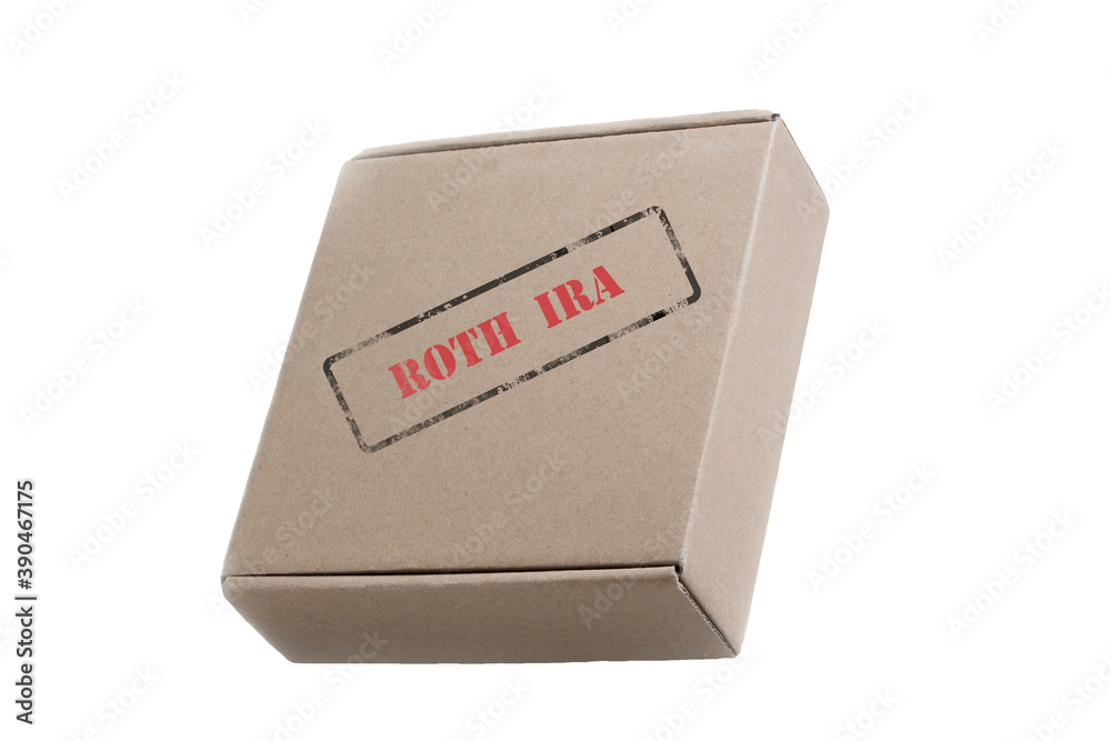 Closed cardboard box with inscription stamp ROTH IRA. Pension concept. Indivivual account retirement. Closed cardboard box with inscription stamp ROTH IRA. Pension concept. Indivivual account retirement.