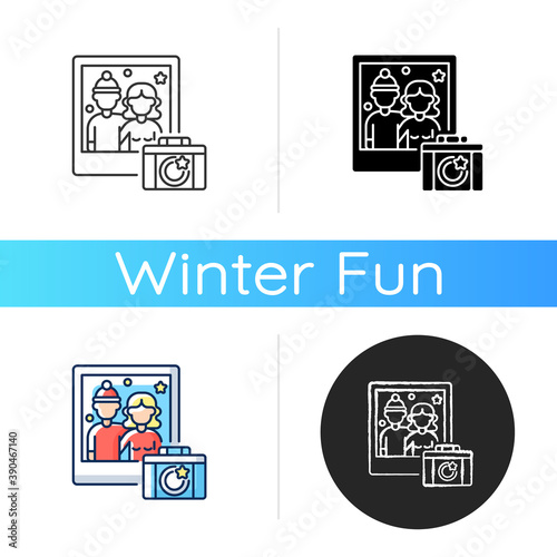 Winter photoshoot icon. Family festive photo. Couple portrait. Wife and husband pose for shot. Romantic Christmas activity. Linear black and RGB color styles. Isolated vector illustrations