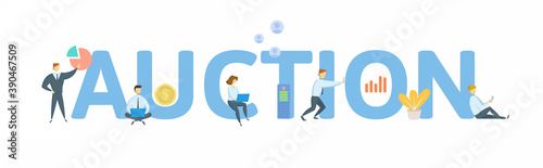 Auction. Concept with keyword, people and icons. Flat vector illustration. Isolated on white background.