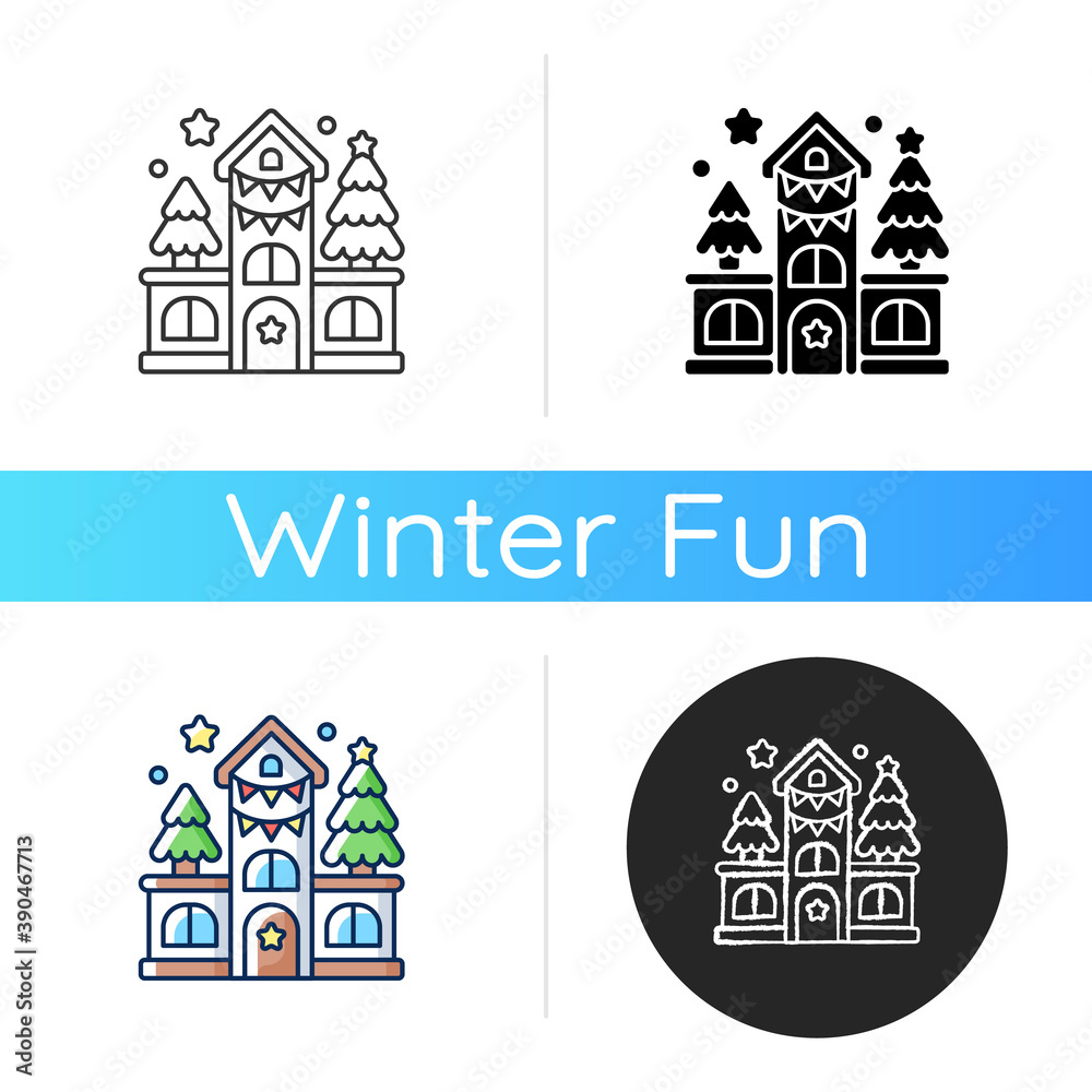 House decoration icon. Festive ornament on home facade. New Year celebration. Christmas season. Building with festive lights. Linear black and RGB color styles. Isolated vector illustrations