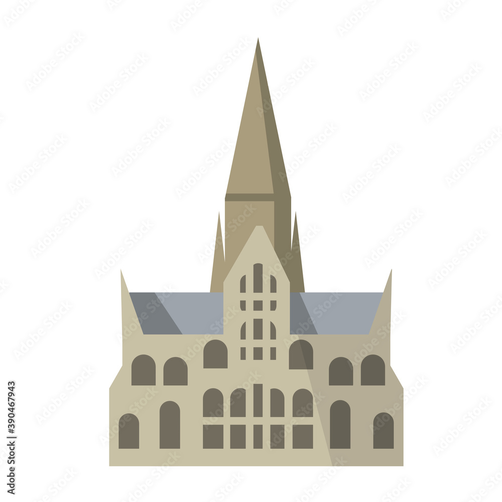 Salisbury Cathedral of virgin Mary. Gothic Church in England. Anglican religious building. Landmark of medieval city. Flat cartoon