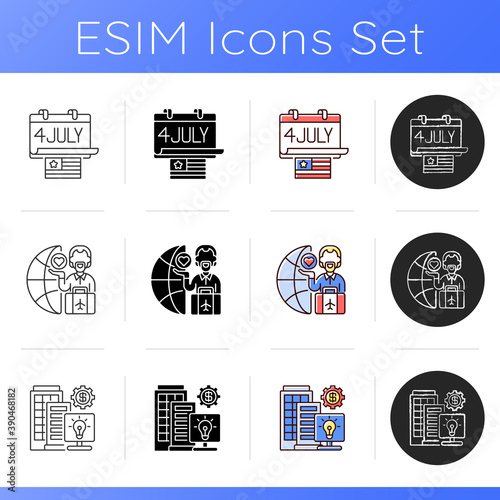 What makes America famous icons set. Independence day. Melting pot. Silicon valley. Federal holiday in US. High-tech companies. Linear, black and RGB color styles. Isolated vector illustrations