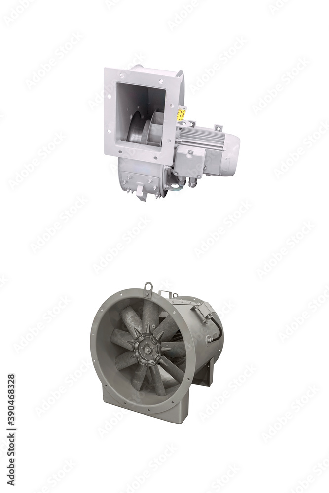 Naklejka premium Few modern industrial fans closeup isolated on white background