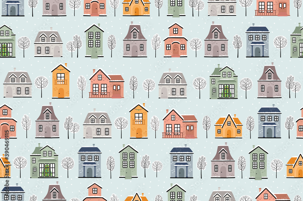 Seamless vector pattern with winter houses and trees.
