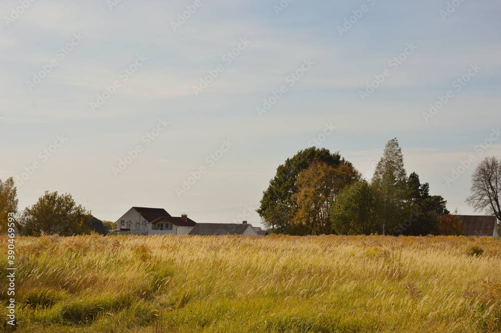 House in the village. Field, autumn trees and blue sky.