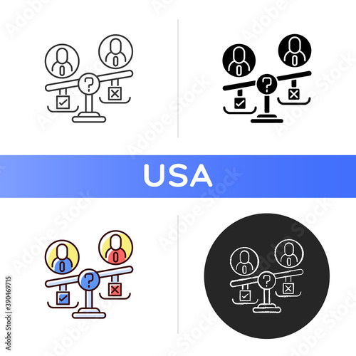 Swing vote icon. Election campaign. Floating voter. Two dominant political parties. Undecideds. Decisive influence on poll result. Linear black and RGB color styles. Isolated vector illustrations