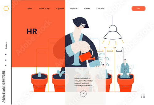 Business topics - human resources, web template, header. Flat style modern outlined vector concept illustration. HR manager, watering flower pots with growing managers in them. Business metaphor.