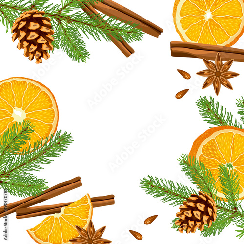 Vector image Christmas frame, on a white background, Christmas mood, the smell of citrus fruits, drawing fir branches, dry slices of orange, cinnamon, cloves, New Year, Christmas, background for paper
