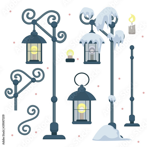 Vector set of vintage street lights, lanterns and architectural elements 