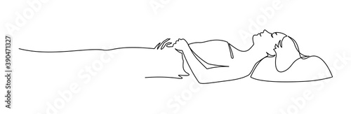 Continuous one line drawing of woman sleeping on memory foam. Vector illustration sleeper sleeper in profile.