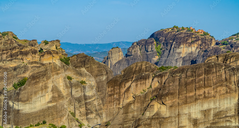 Panoramic view of unique rock formations in Meteora, Thessaly, Greece