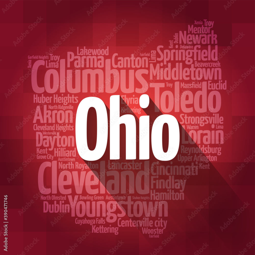 List of cities in Ohio USA state, map silhouette word cloud, map concept background List of cities in Ohio USA state, map silhouette word cloud, map concept background