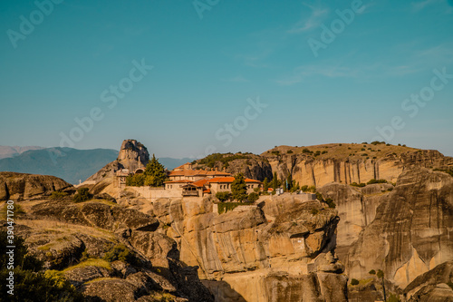 Beautiful panoramic sunset view of the Monastery of St. Stephen - part of the Meteora Monasteries in Thessaly, Greece