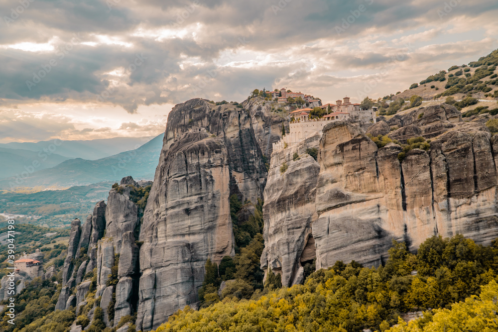 Amazing sunset view of Varlaam Monastery in Meteora, Thessaly, Greece