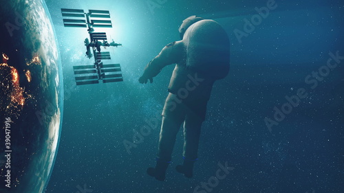 Sunlight silhouette of spaceman and International Space Station at Earth planet at blue star light. NASA ISS and spacer at outer spatial spaciousness. 3d animation of science and technology concept. photo