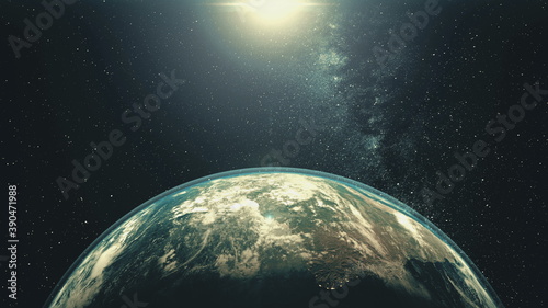 Rotating Earth planet with Sun light. White halo orbits about bright star in space with stars. Outer cosmos, Solar System at starry dark blue sky. Worldwide spacecraft concept in 3d animation
