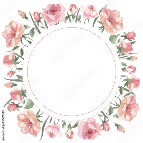 Watercolor roses. Watercolor frame with hand drawn roses isolated on white background. Hand drawn illustration.