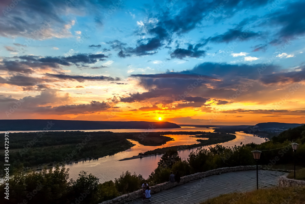 Fototapeta premium Landscape with sunset on the river in summer