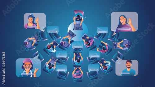 Businessmen use Video conference landing Working top view People on window screen taking with colleagues. Videoconferencing and online meeting workspace page man and woman learning Vector illustration