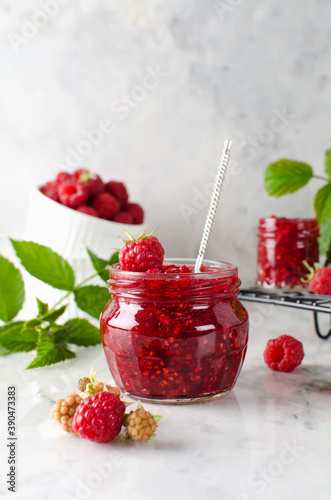 Homemade jam made from ground raspberries and sugar