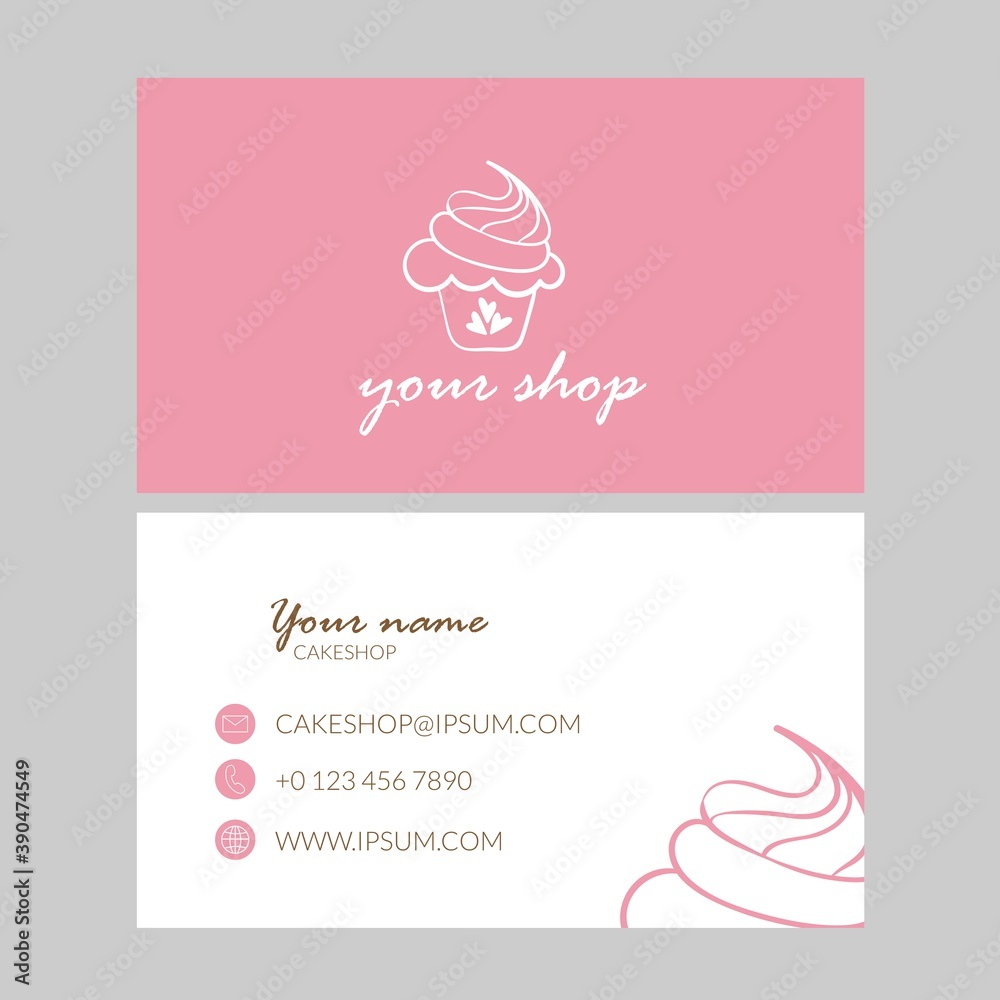 Business card template with cupcake outline logo icons for bakery or cake shop. Vector illustration