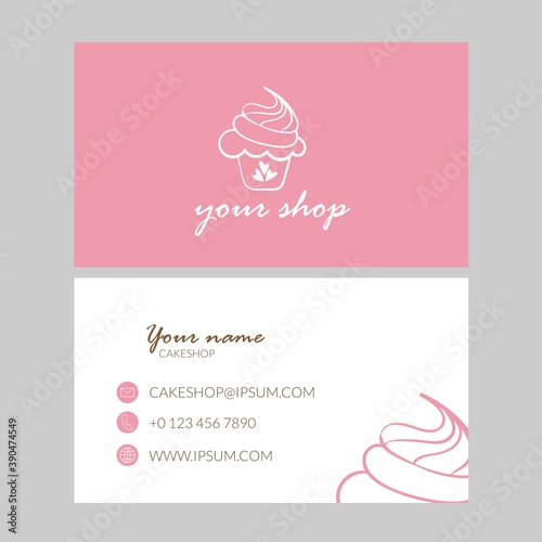 Business card template with cupcake outline logo icons for bakery or cake shop. Vector illustration