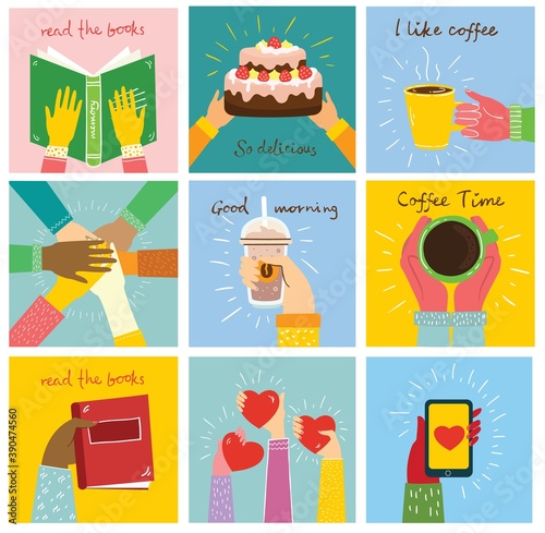 Big set of different hands illustrations. Strong together many hands up. Hand with book. Coffee time poster with mug. Hands holding hearts. Coffee, burger for breakfast.