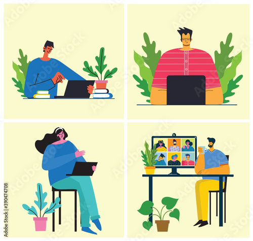 Webinar online concept illustration. Young man uses video chat on desktop and laptop to make conference. Work remotely from home. Flat modern vector illustration.