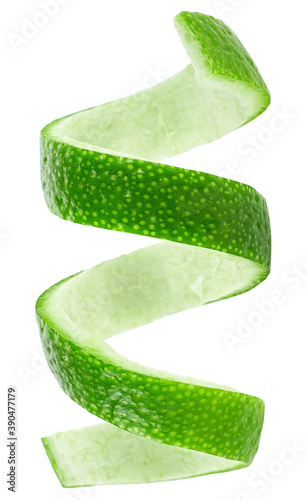 Peel of green lime. Vertical image of lime skin isolated on a white background. Citron.