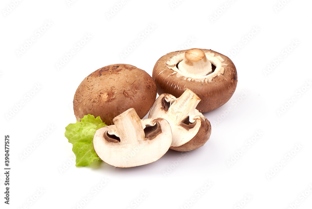 Brown Champignons, Royal Mushrooms with lettuce, isolated on white background Brown Champignons, Royal Mushrooms with lettuce, isolated on white background
