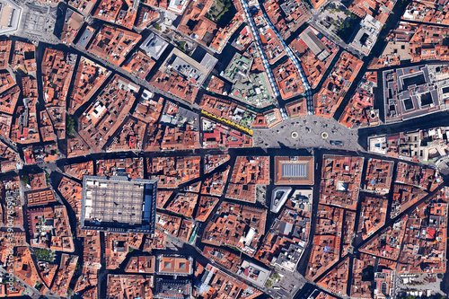 City of Madrid bird’s eye view Plaza Mayor Square, looking down aerial view from above – Madrid, Spain