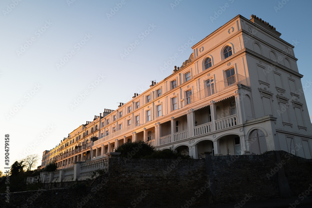 The impressive picturesque victorian architecture of Westcliff Terrace Mansions in the evening sunshine.