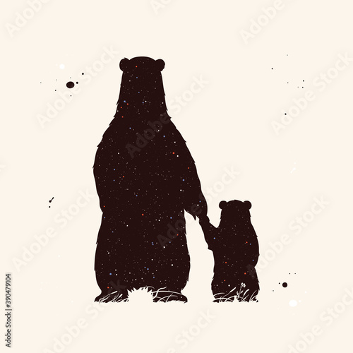 Bears family. Abstract animal silhouettes. Night starry sky